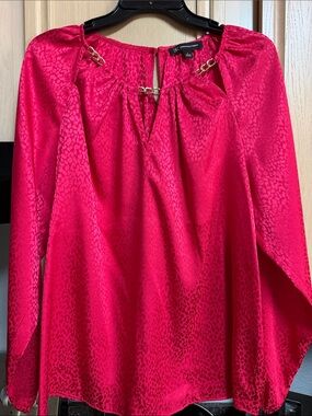 INC International Concepts Hot Pink Satin Blouse with Gold Chain Detail